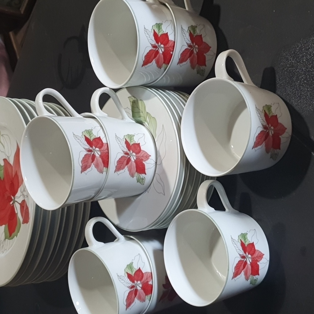 Vintage Christmas poinsettia watercolor cups and saucers set of 8